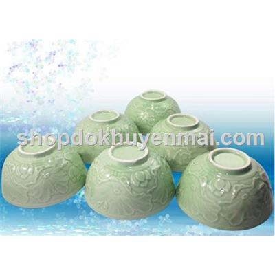 Bộ 6 chén sứ cao cấp Hàn Quốc hoa văn nổi họa tiết hoa sen màu xanh ngọc