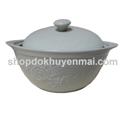 Thố sứ Hàn Quốc hoa văn nổi, màu xanh ngọc, có nắp