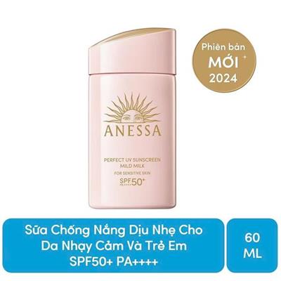 Sữa Chống Nắng Anessa Cho Da Nhạy Cảm & Trẻ Em 60ml (Mới) Perfect UV Sunscreen Mild Milk (For Sensitive Skin) SPF50+/PA++++