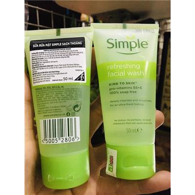 TUÝP Sữa Rửa Mặt SIMPLE Sạch Thoáng 50ml Kind To Skin Refreshing Facial Wash Gel