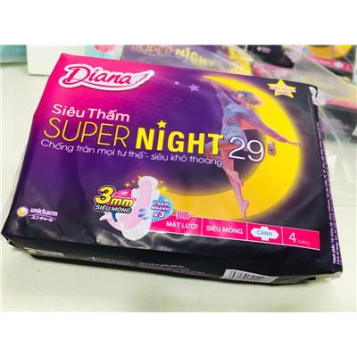 MỘT GÓI 4 Miếng Băng Vệ Sinh Diana Super Night 29cm Cánh Ban Đêm  MOT GOI 4 Mieng Bang Ve Sinh Diana Super Night 29cm Canh Ban Dem